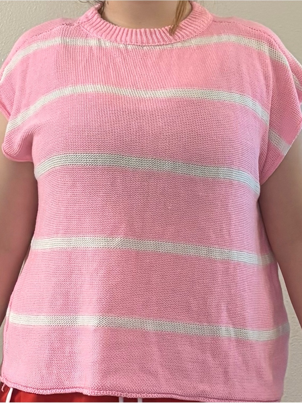 Pink White Striped Knit Sweater Vest Top Exposed Center Seam Boxy Fit - Size S